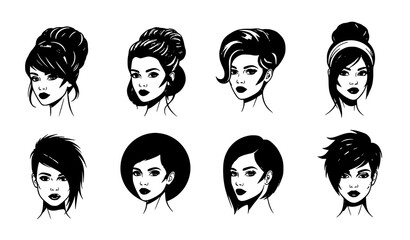 A set of eight different female faces with various hairstyles and expressions in a minimalist black and white vector illustration style © MdShakib