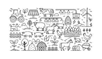 Fototapeta premium A black and white vector illustration of a farm scene with various animals and equipment