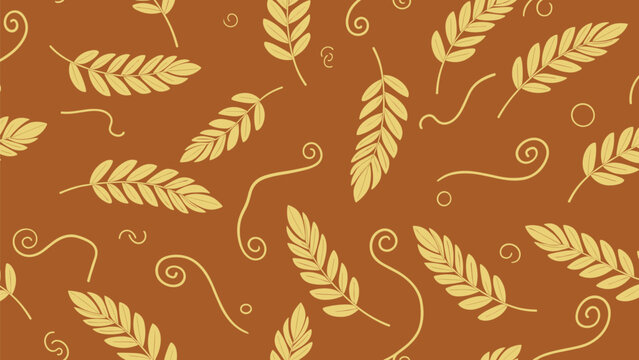 Seamless pattern showcasing golden wheat stalks and whimsical swirls over a warm brown background, ideal for autumn harvest and bakery themes.