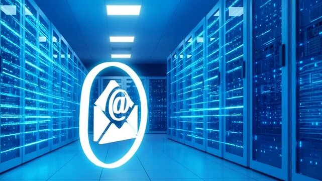 Glowing email icon appears in a futuristic blue server room with rows of computer racks.