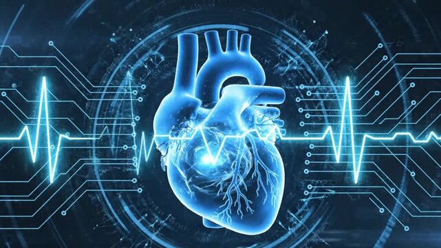 Digital human heart illustration with electrocardiogram waveform and futuristic medical interface representing healthcare technology cardiology monitoring and innovation