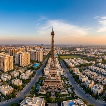 Eiffel Tower Replica in a Modern Urban Landscape.