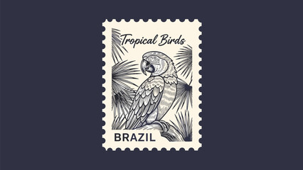 Obraz premium Vintage style postage stamp from Brazil featuring a detailed hand drawn illustration of a tropical parrot perched among lush palm leaves.