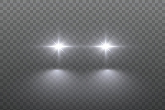 Car head lights shining from darkness background.Vector silhouette of car with headlights on black background. Easy light flash .Vector illustration.