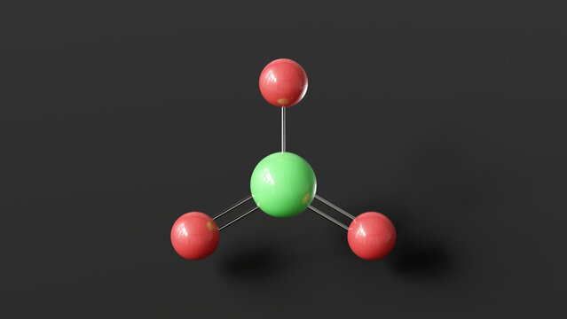 chlorate molecule 3d, molecular structure, ball and stick model, structural chemical formula oxidizing agent