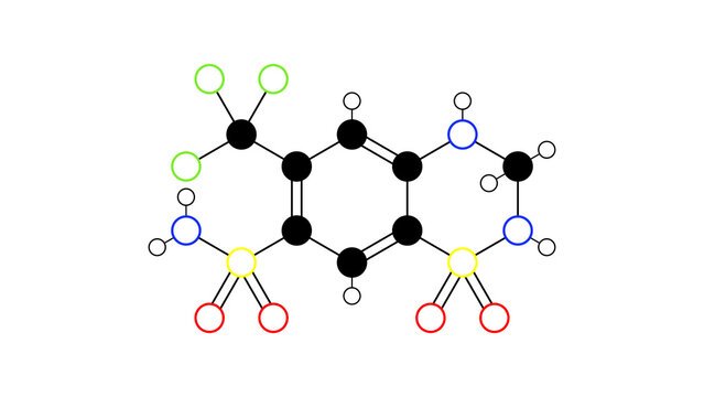 hydroflumethiazide molecule, structural chemical formula, ball-and-stick model, isolated image thiazide diuretic