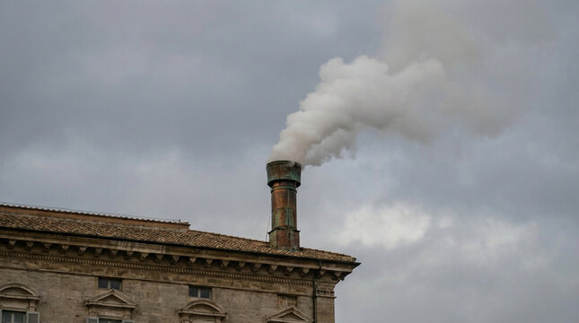 Vatican Chapel Chimney White Smoke Papal Election. Historic Vatican chapel chimney releasing white smoke against cloudy sky, symbolic papal conclave announcement moment