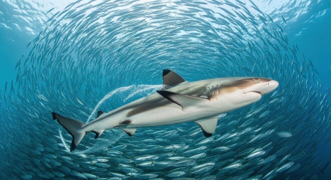 Reef shark powerfully darts through a dense school of shimmering baitfish in the vast blue ocean depths