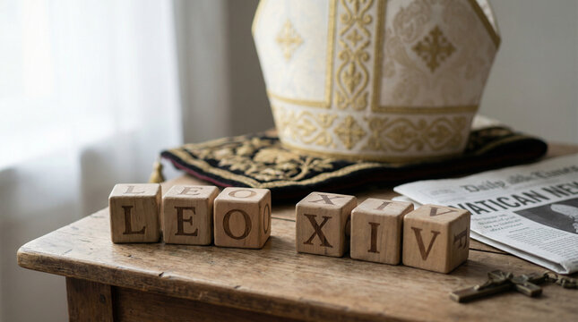 Wooden Letter Cubes Leo XIV Pope Name Display. Natural wooden alphabet cubes spelling Leo XIV with soft focus papal mitre in background, religious news concept