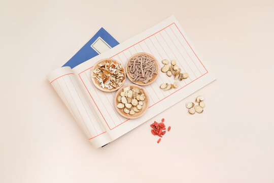 Traditional Chinese herbal medicines arranged on lined pages of a thread-bound book