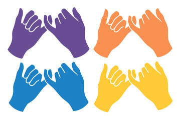 Obraz premium Pinky promise hands vector illustration set, four colorful pairs of interlocking fingers, friendship and agreement gesture, trust and commitment concept graphic resource