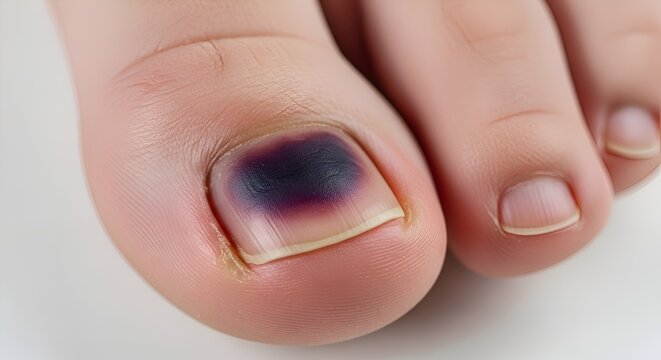 Close-up of a bruised toenail, indicating injury or trauma to the toe.