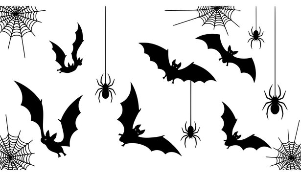 Dynamic Halloween vector set with bats spiders and cobweb silhouettes isolated on white