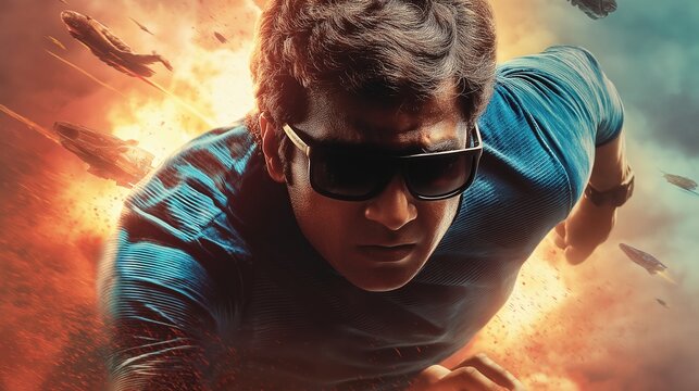 Action blockbuster cinematic scene of athletic man sprinting forward through orange fire explosion and flying debris