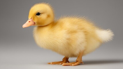 Fototapeta premium Close up of a fluffy yellow duckling on gray background
