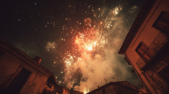 Fireworks over Residential Buildings: Explosive bursts of color illuminate the night sky above old buildings, creating a vibrant spectacle.