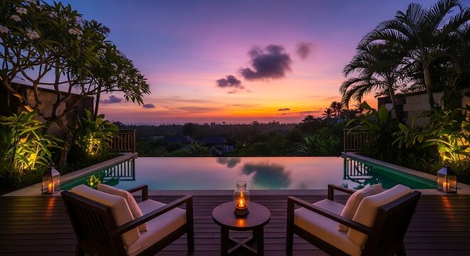 Luxurious infinity pool at sunset with lounge chairs and tropical trees, offering a serene view.