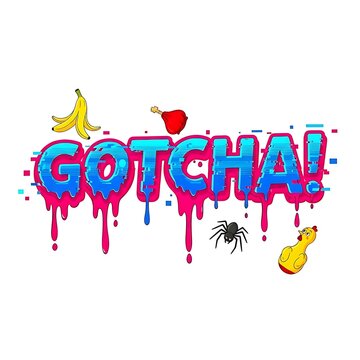 Colorful gotcha splash with banana, cherry, and spider illustration