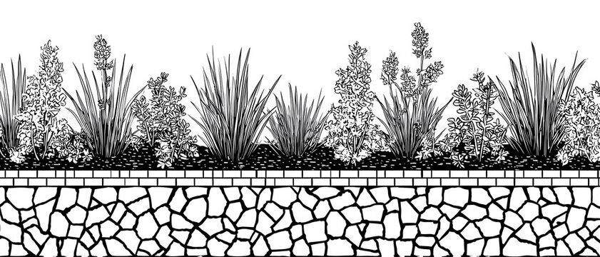 Ilustraci&oacute;n lineal de un jard&iacute;n de plantas variadas con flores y hojas largas sobre un muro de piedra texturizado, ideal para dise&ntilde;o arquitect&oacute;nico y paisajismo.