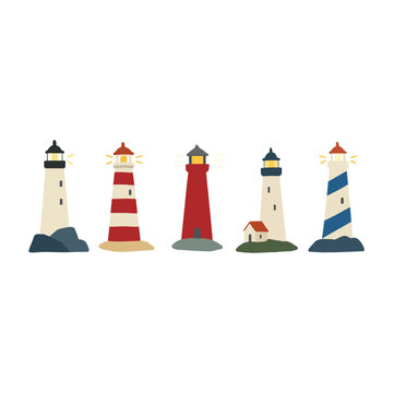Lighthouses illustration set. Vector design of coastal lighthouses and their beacons along the shoreline