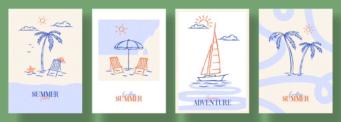 Set of Summer Vacation posters. Vector cards sketch art with yacht boat, palm tree, wave. Summer set of backgrounds for travel poster, tropical party flyer, summer-themed design and event. © Yaran