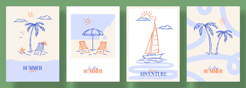 Set of Summer Vacation posters. Vector cards sketch art with yacht boat, palm tree, wave. Summer set of backgrounds for travel poster, tropical party flyer, summer-themed design and event.