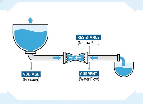 Hydraulic analogy diagram illustrating Ohm's law with water tanks representing voltage current and resistance in a pipe system
