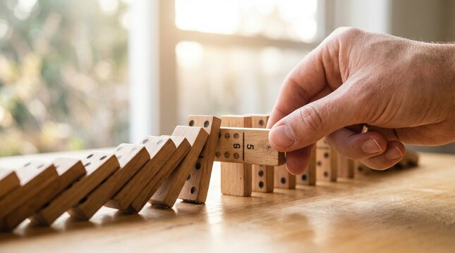 Domino Effect: A hand delicately placing the final domino in a line, poised to trigger a chain reaction, symbolizing the impact of choices and the interconnectedness of events.