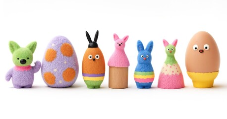 Easter Toy Figurine Row Felted Bunny Egg Characters Cat Spring Colorful Isolated Horizontal White