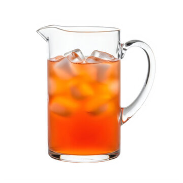 A glass pitcher filled with iced tea isolated on white background