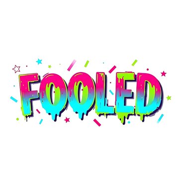 vibrant colorful fooled text with confetti and stars background