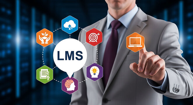 Businessman pointing at LMS learning management system icon in data center