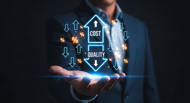 Businessman holding virtual arrow showing cost up and quality down business concept