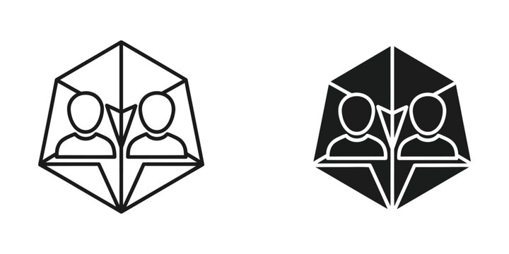 Two contrasting geometric icons depicting human figures in pentagonal shapes