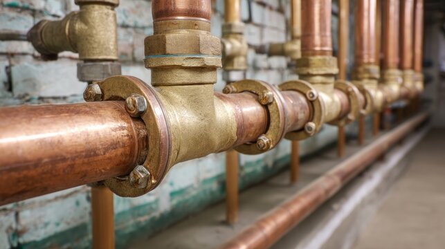 Close up of copper pipes and fittings in a building