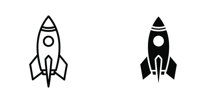 Contrasting line art depictions of a rocket ship in white and black silhouettes