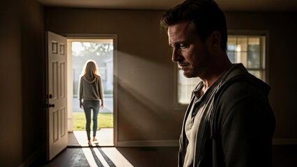 Fototapeta premium A Man's Despair, A Woman's Departure: In the dim light of an empty room, a man's troubled face is in sharp focus, while in the background.