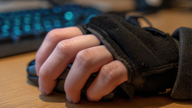 Wrist splint supports hand during computer mouse use to help relieve carpal tunnel discomfort and provides ergonomic comfort for extended typing or gaming sessions