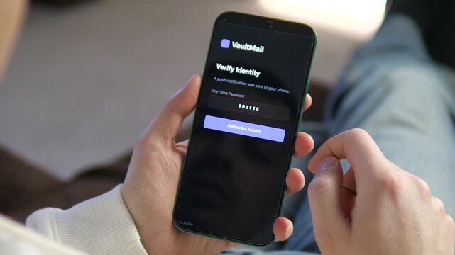 Demonstrating Two-Factor Authentication (2FA) on a mobile device. Screen shows identity verification with a one-time password (OTP). Essential footage for privacy, fintech, and secure authentication