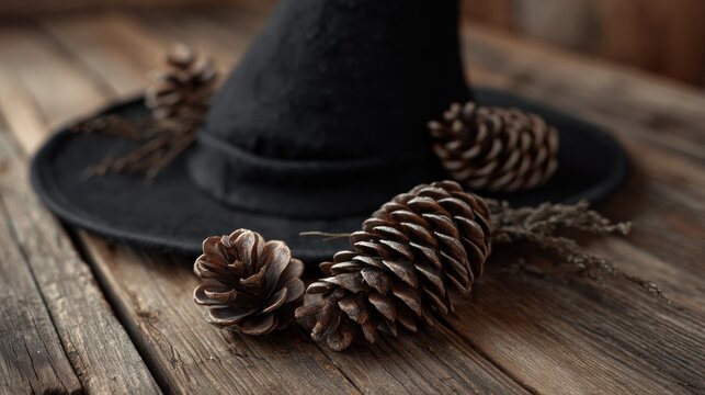 Black hat and pine cones on a wooden surface