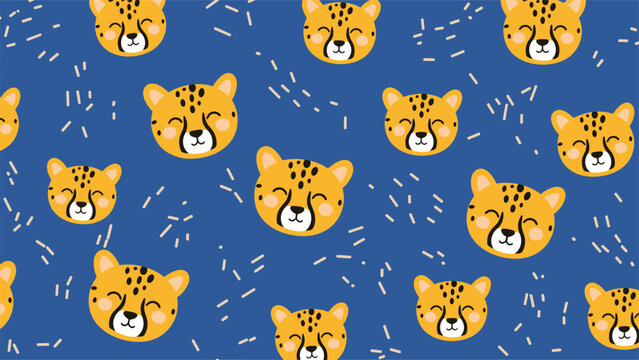 Cute seamless pattern with happy cheetah faces and gray sprinkles on blue background, wild cat theme for nursery wallpaper.