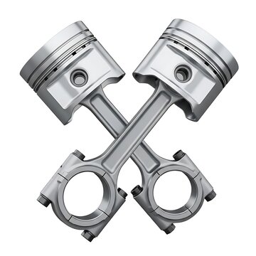 Crossed chrome engine pistons with connecting rods isolated on white background