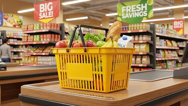 Supermarket Shopping Basket Full of Groceries: A vibrant yellow shopping basket overflows with fresh produce, dairy, and bread, placed at a supermarket checkout counter.