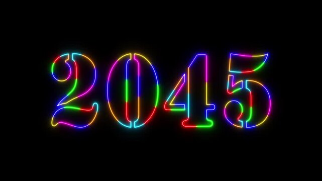 Abstract 2045 neon colourful text animation ,For neon colourful Glowing neon number text background 4k video animation .Digital font against a dark background with neon line looping animation.