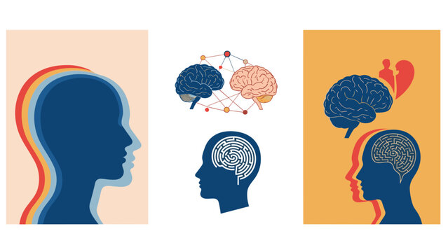 Abstract illustration features human profiles with brains and mazes to represent mental health and complex thinking.