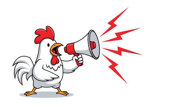 Fun cartoon illustration of a rooster holding a megaphone and making a loud announcement for morning wake up call.