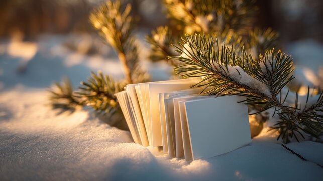 Blank cards near snowy pine branch