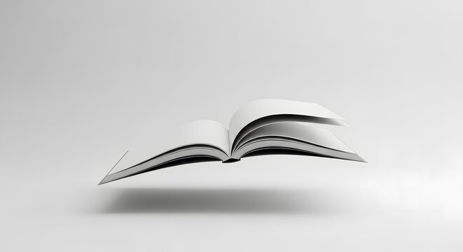 A weightless open book elegantly floats mid-air in a serene minimalist monochrome setting, symbolizing boundless knowledge, imagination, and the freedom of thought