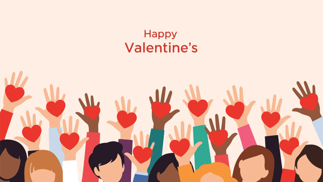 Many hands of different people raised up each holding a red heart for happy Valentine's Day or charity celebration.