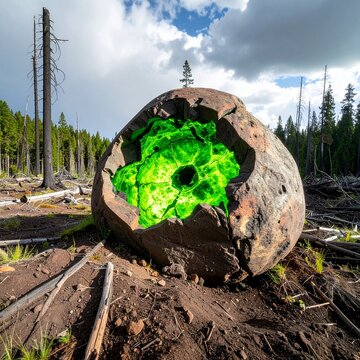 Mysterious Glowing Green Geode in Forest Landscape.